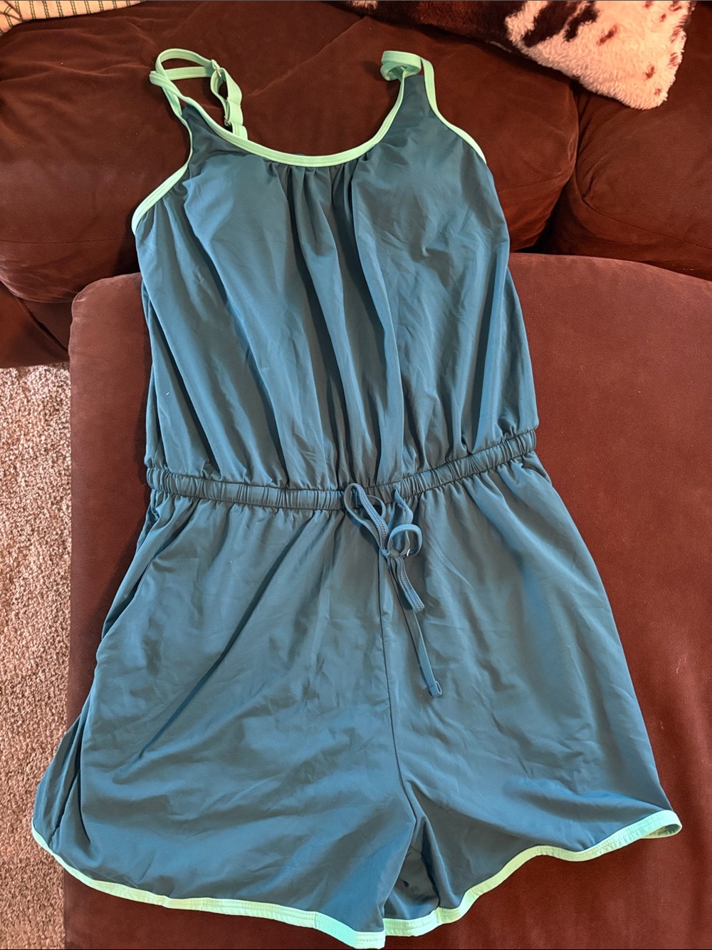 Teal Swim Romper with Mint Trim and pockets!